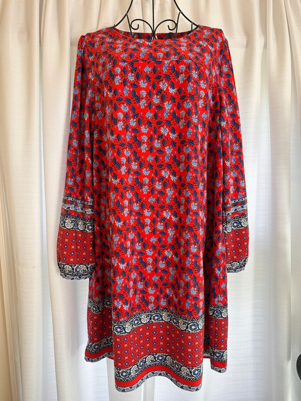 LOFT Red Floral Long-Sleeve Border-Print Swing Dress